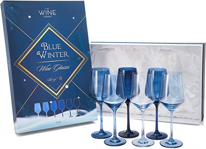 Blue Color Wine Glasses Set 12oz Colored Crystal Glasses - 6 Set - Multiple Navy Colors - Glass H... | Amazon (US)