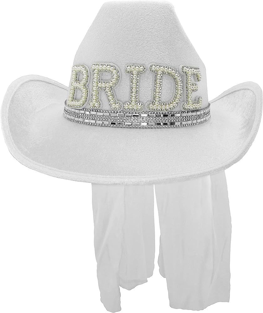 Western Bride to Be Cowgirl Hat With Veil - Bachelorette Party Supplies, White, One Size | Amazon (US)
