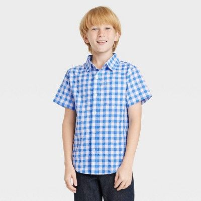 Boys' Checkered Seersucker Button-Down Woven Short Sleeve Shirt - Cat & Jack™ Blue | Target