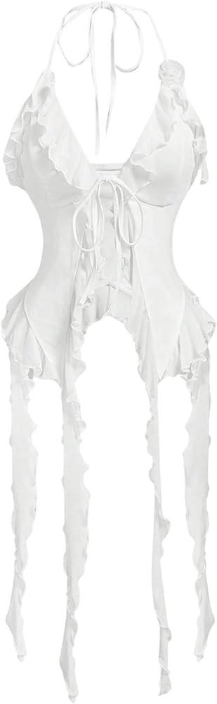 WDIRARA Women's 3D Flower Tie Front Ruffle Trim Halter Top Tie Backless Camisole | Amazon (US)