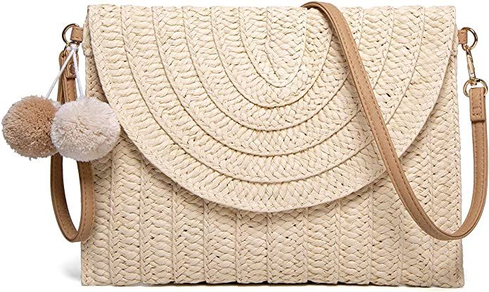 Straw Shoulder Bag Straw Clutch Women Hand-woven PomPom Straw Crossbody Bag Summer Beach Envelope... | Amazon (US)