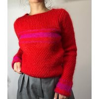 Vintage Fuzzy Mohair Wool Red Sweater - Striped Jumper Size Xs | Etsy (US)