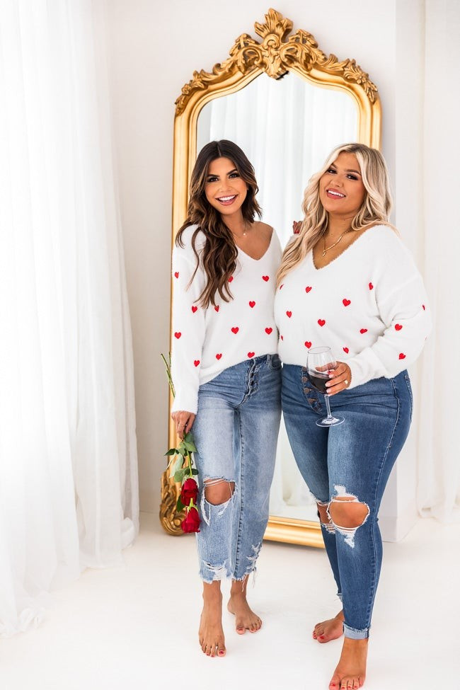 Distant Thoughts Ivory V-Neck Heart Sweater | The Pink Lily Boutique