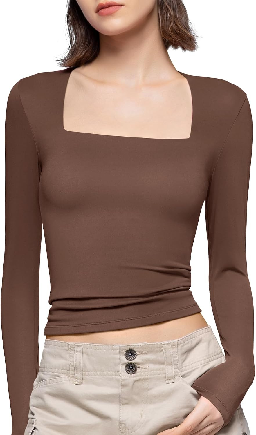PUMIEY Women's Square Neck Long Sleeve T Shirts Slim Fit Tops Basic Tee Smoke Cloud Pro Collection | Amazon (US)