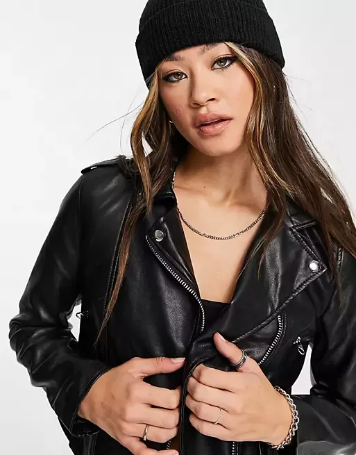 Bershka faux leather biker jacket in black