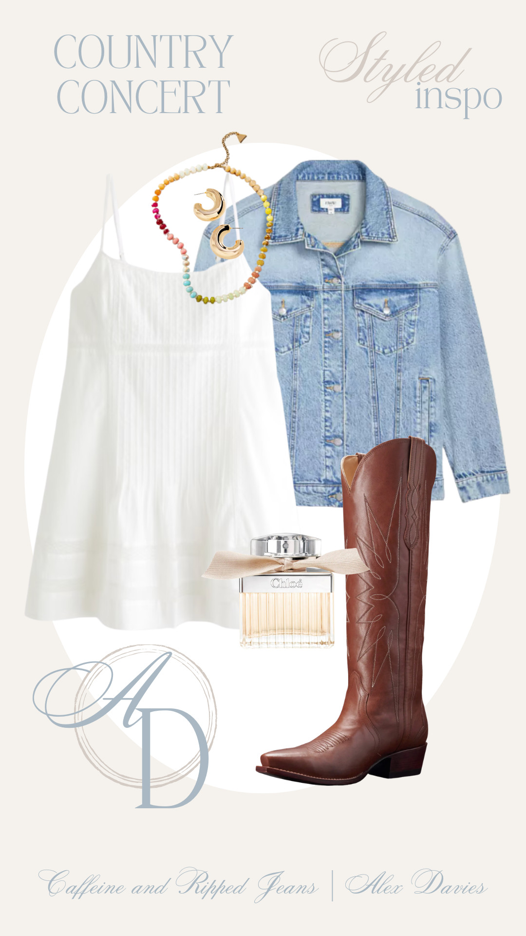 // spring country concert outfit // spring country concert outfit inspo // denim jacket // tecovas boots // chloe perfume // chunky hoops // abercrombie dress // 

 #LTKgrwm #LTKootd #LTKSeasonal