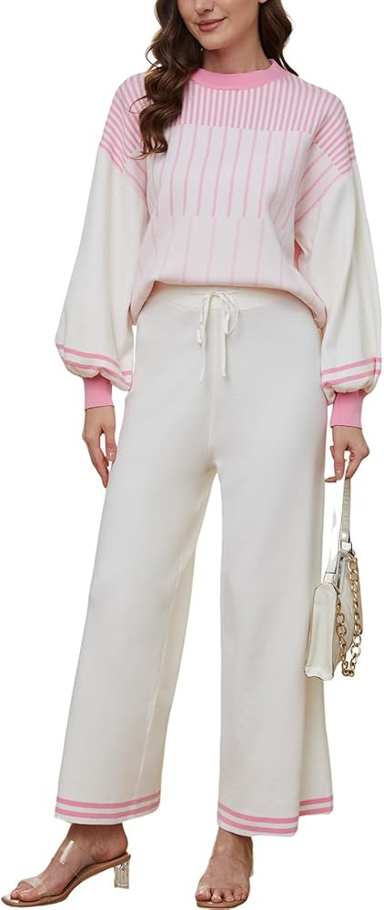Gihuo Women's Striped 2 Piece Outfits Sweatsuits Long Sleeve Sweater Pullovers Pants Matching Set... | Amazon (US)