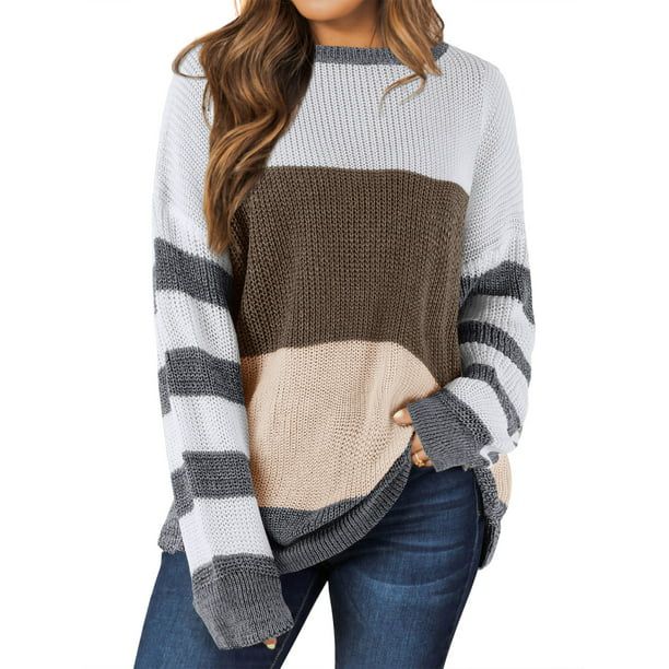 HUBERY Women Crew Neck Long Sleeve Stripes Color Block Knitted Sweater - Walmart.com | Walmart (US)