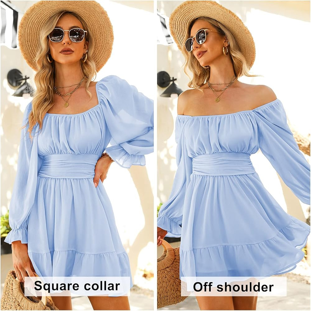 EXLURA Women Tie Back Long Lantern Sleeve Square Neck Ruffle Dress Elastic Waist Aline Casual Min... | Amazon (US)
