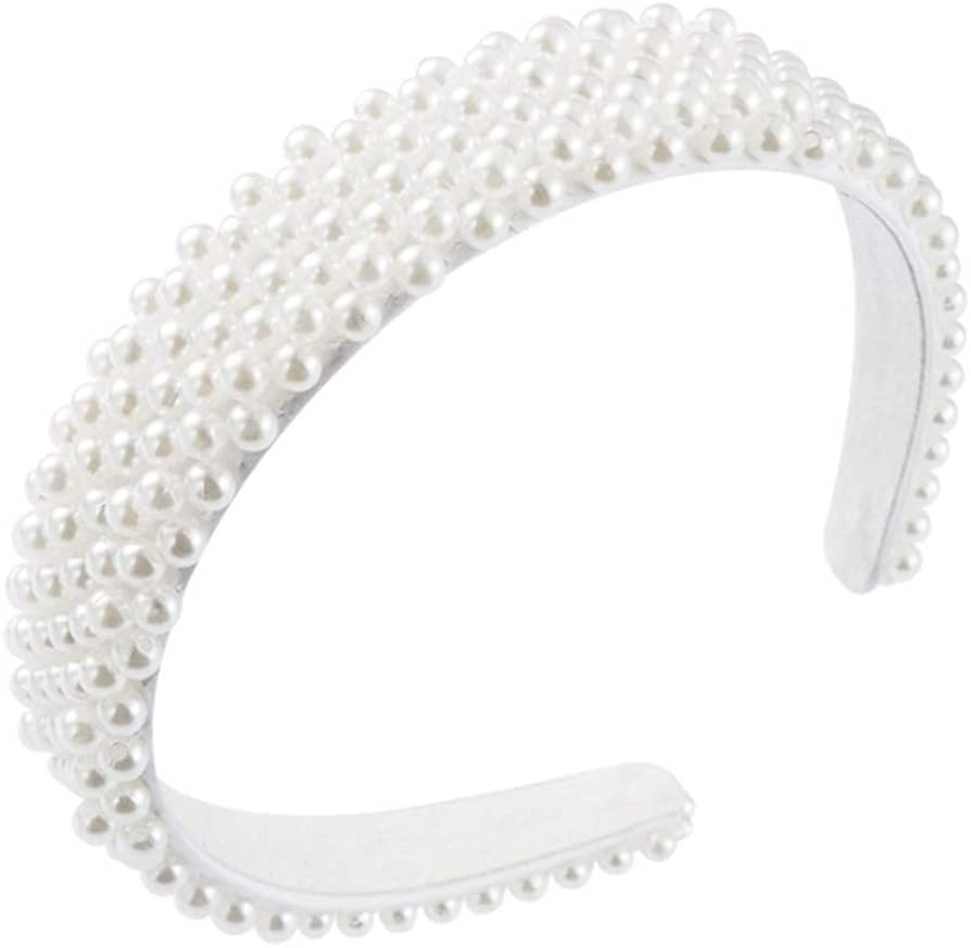 Pearl Headbands for Girls and Women, Plastic Wide Hair Hoop Band Embellish with Bling String Bead... | Amazon (US)