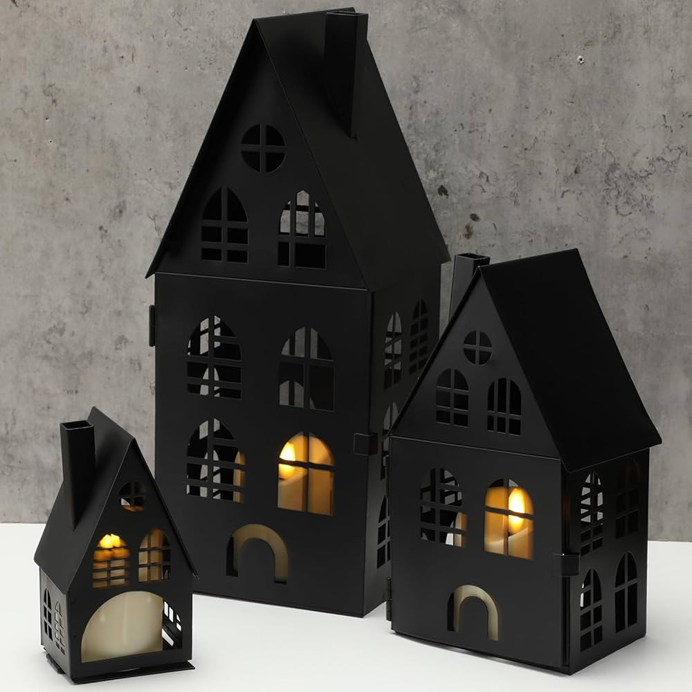 3 linternas para velas con 3 velas y control remoto, portavelas de metal rústico para casa negra... | Amazon (US)