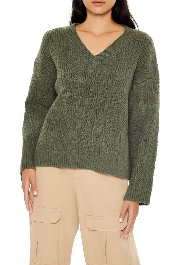 Women's Geo V-Neck Drop-Sleeve Sweater in Dark Green Small | Forever 21