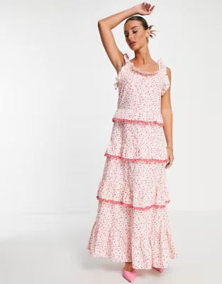 Y.A.S pom pom maxi dress with tiering in pink floral print | ASOS (Global)