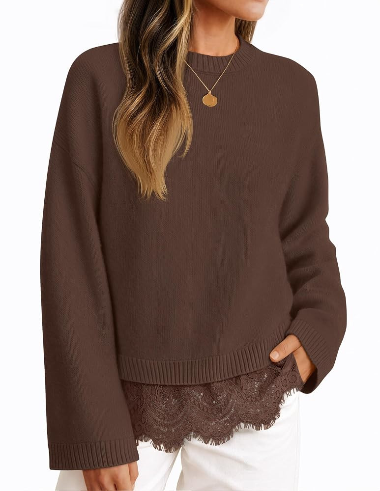 ZESICA Women's Fall Winter Sweaters Long Sleeve Lace Trim Pullover Tops | Amazon (US)