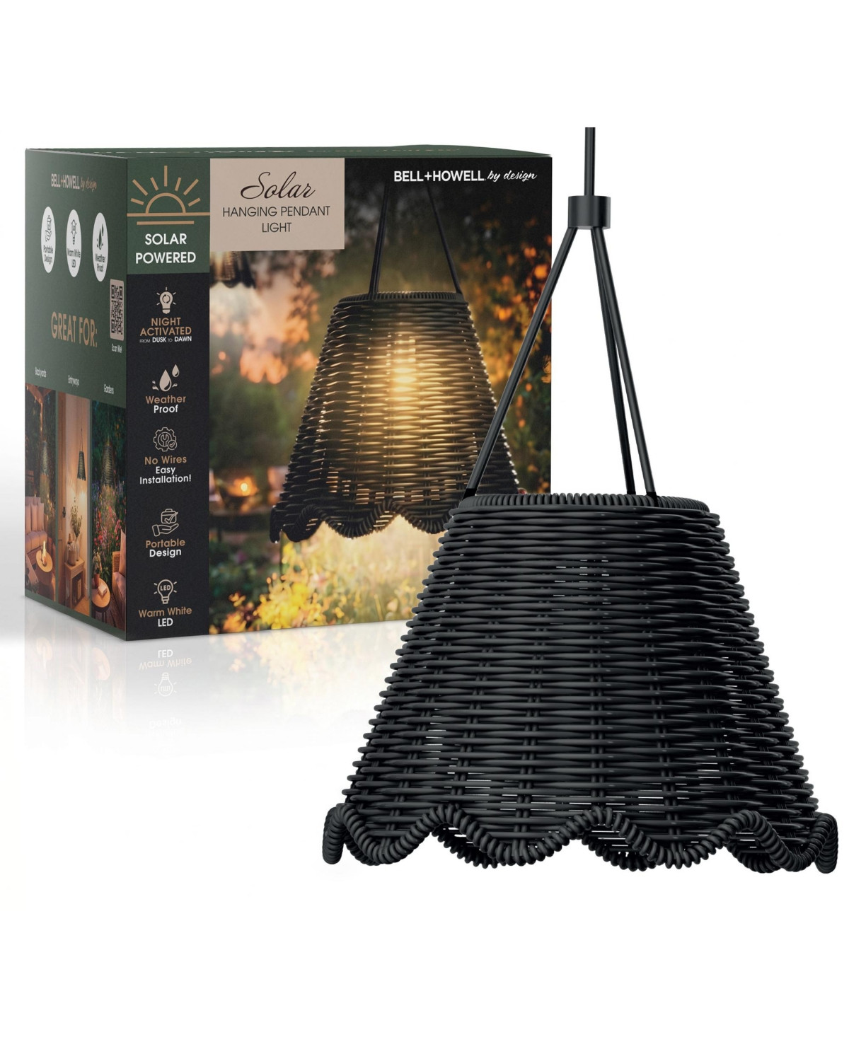 Bell + Howell Solar Wicker-Style Outdoor Led Lantern Dusk-to-Dawn, Weather Proof Hanging Pendant Light - Black | Macy's