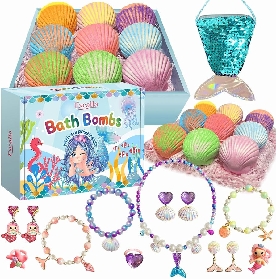 Mermaid Bath Bombs for Kids with Surprise Inside, 9 Pcs Natural Handmade Fizzy Shell Bubble Bath ... | Amazon (US)