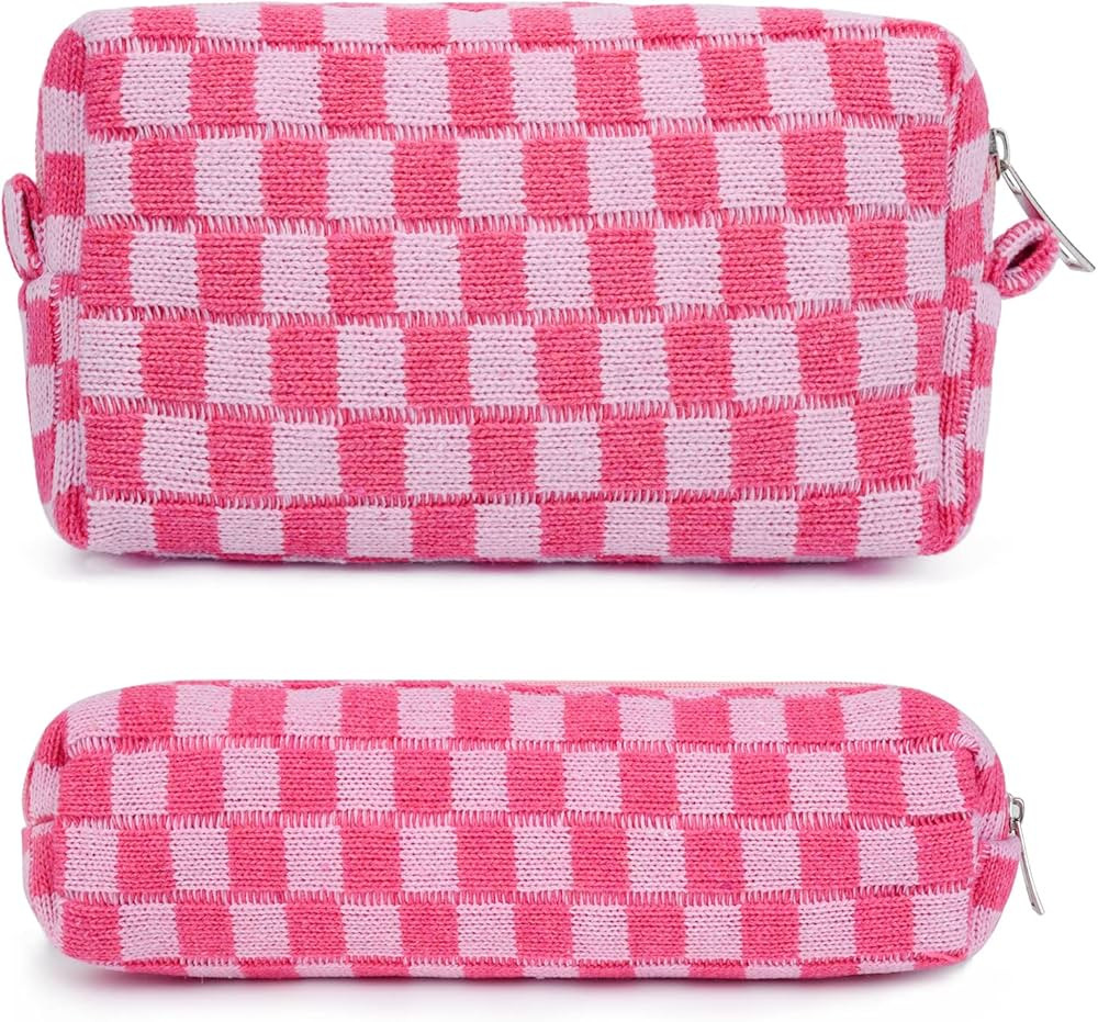 Checkered Cosmetic Bag and Makeup Brush Storage Bag - Pink Travel Toiletry Organizer | Amazon (US)