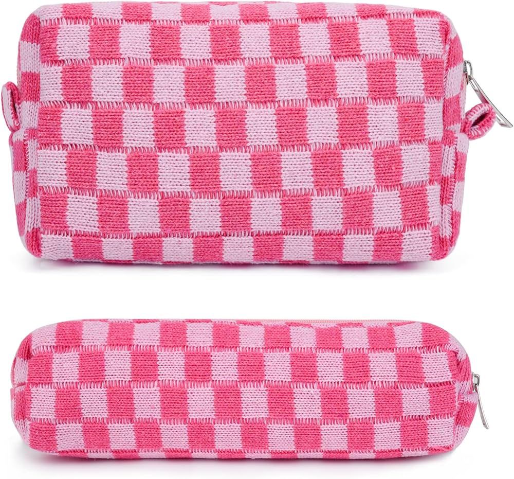 SOIDRAM Checkered Cosmetic Bag and Makeup Brush Storage Bag - Pink Travel Toiletry Organizer | Amazon (US)