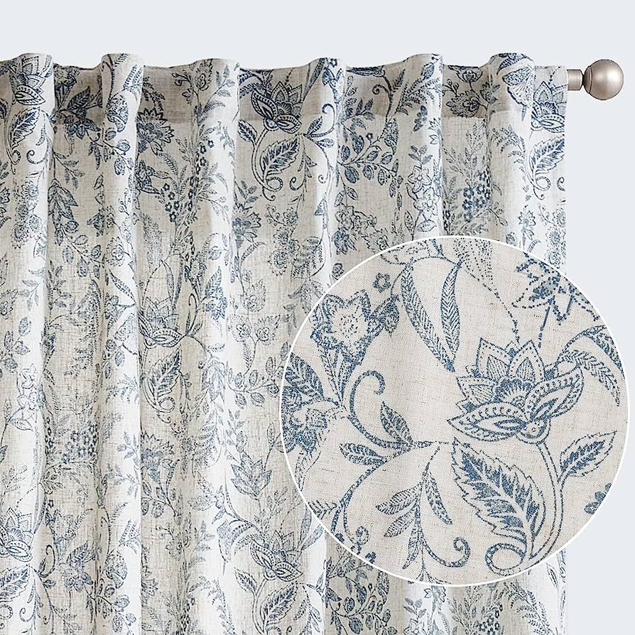 Lazzzy Linen Curtains Farmhouse Blue Floral Print Curtains 84 Inches Long Back Tab Drapes for Liv... | Amazon (US)