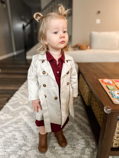 Toddler fall and winter look - trench coat, dress, and booties. Sloane is ready to solve the case of why she’s so cute 🥹

#LTKkids #LTKbaby #LTKfamily