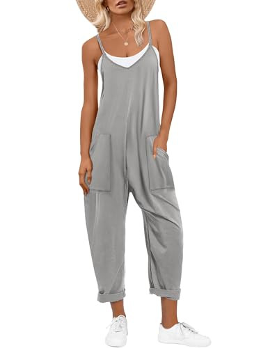ANRABESS Jumpsuits for Women Casual Summer Overalls Sleeveless Spaghetti Strap Romper Jumpers Trendy Beach Vacation Outfits Light Gray Medium | Amazon (US)