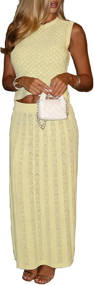 Knit Sets Two Piece Women Crochet Knit Sleeveless Crop Tank Top and Maxi Skirt Set Beach Vacation | Amazon (US)