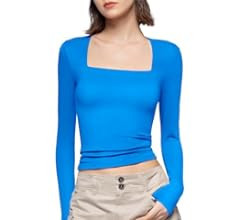 PUMIEY Women's Square Neck Long Sleeve T Shirts Slim Fit Tops Basic Tee Smoke Cloud Pro Collectio... | Amazon (US)