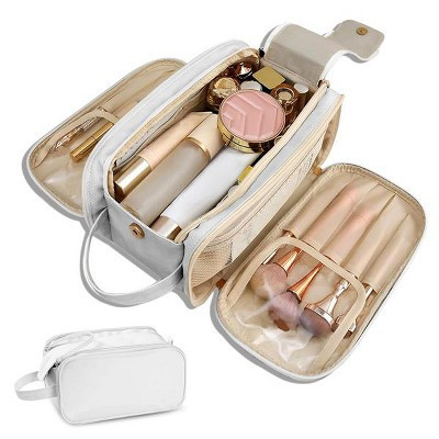 Large Capacity Travel Makeup Bag Organizer, Waterproof PU Leather Cosmetic Case with Compartments and Handle, White | Target