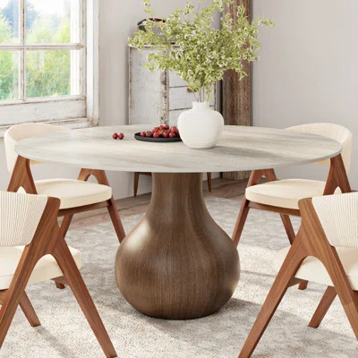 Travertine Stone Dark Walnut Pedestal Dining Table in Garlic Shape 47" For 4 | Wayfair North America