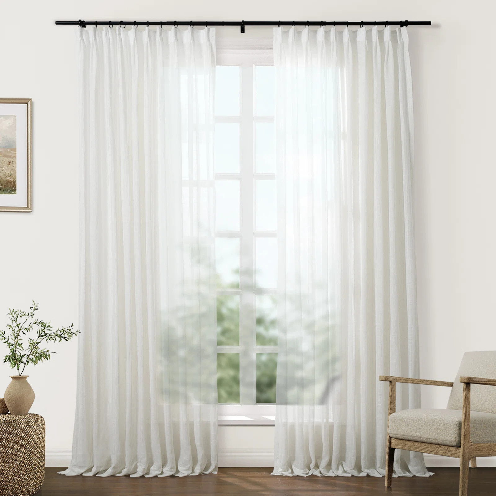 TWOPAGES Sheer Curtains Faux Linen Pinch Pleat Curtains, Set of 2 | Wayfair North America