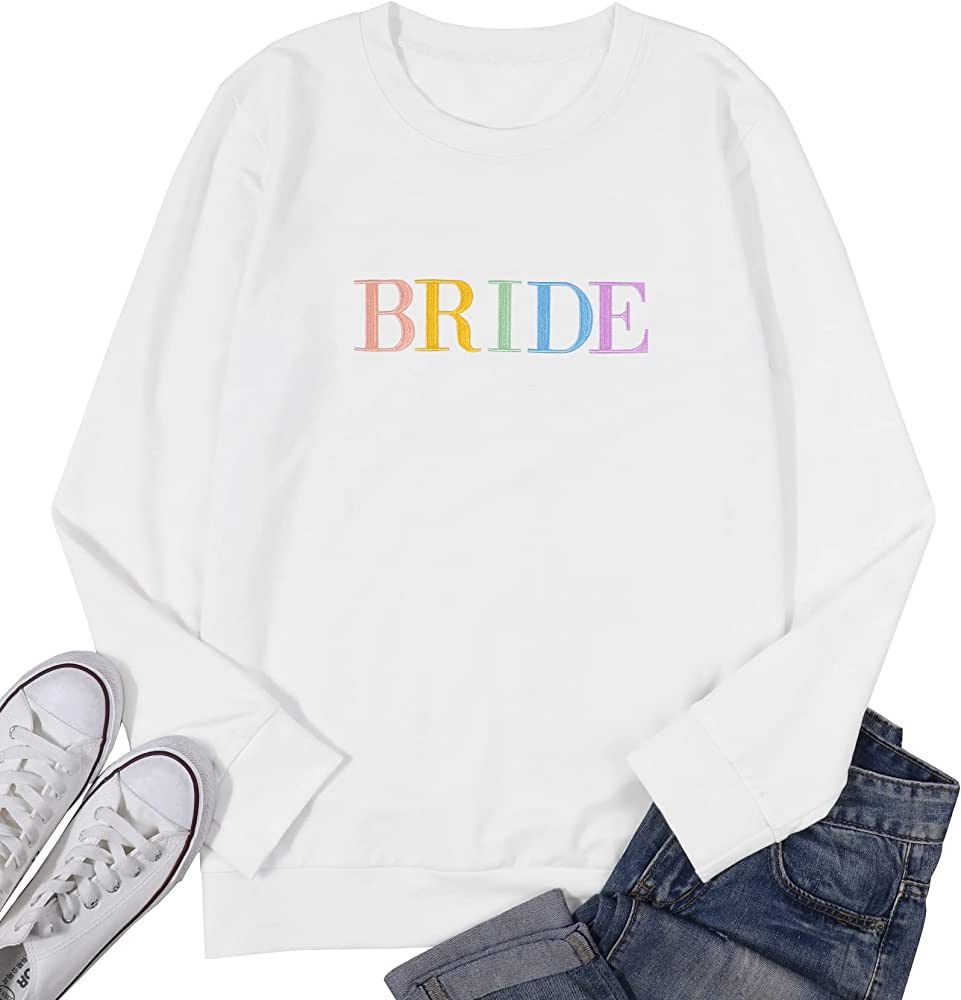 BANGELY Bride Sweatshirt for Women Wedding Honeymoon Pullover Tops Bride Embroidery Long Sleeve T-sh | Amazon (US)