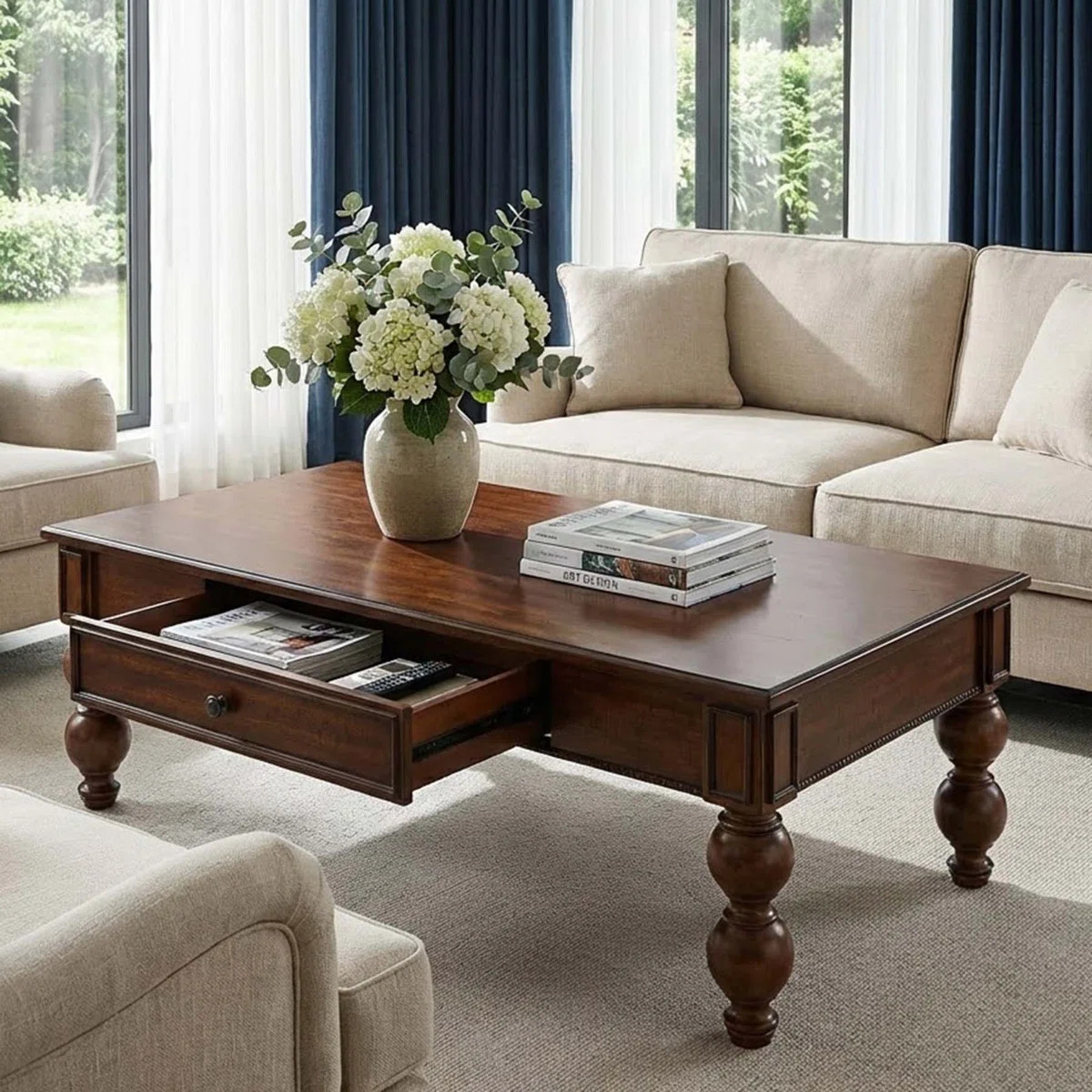 Vintage Farmhouse Coffee Table with Storage Drawer and Solid Wood Turned Legs for Living Room | Wayfair North America