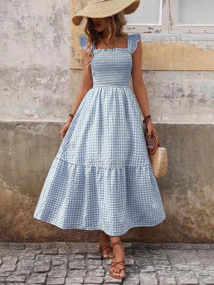 SHEIN VCAY Women V-Neck Solid Color/Plaid/Printed Ruffle Hem Holiday Cami Dress (Random Print) | SHEIN