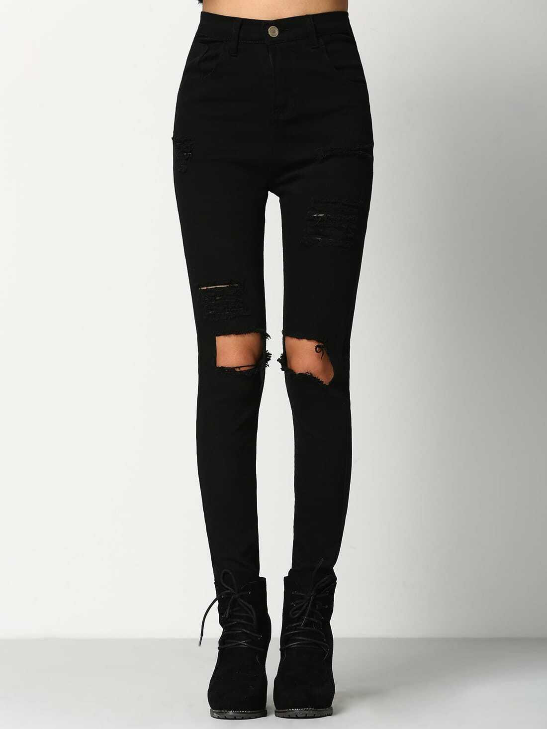 Black Skinny Ripped Denim Pant | ROMWE