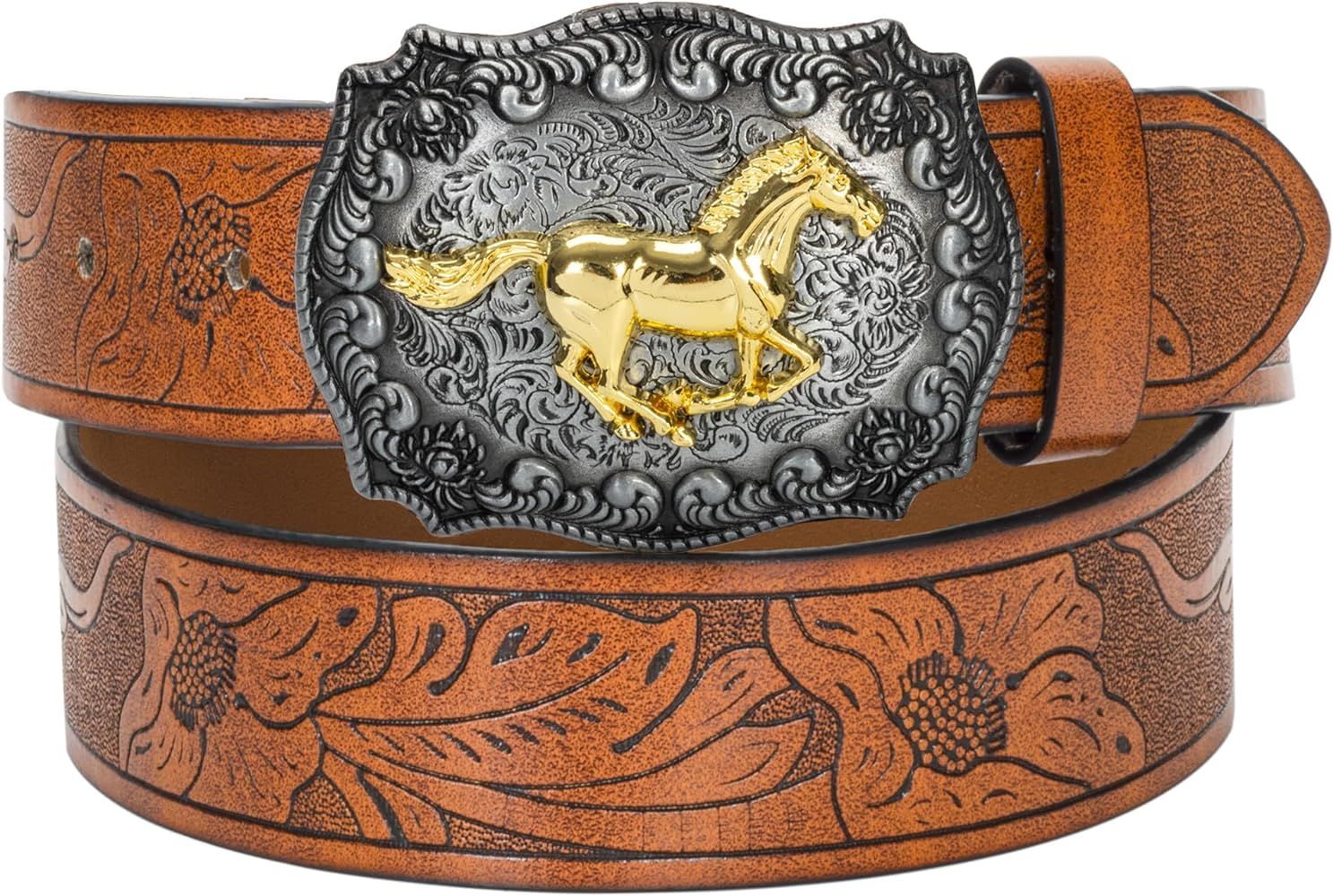 Western-PU-Leather-Belts for Men and Women Cowboy-Cowgirl Longhorn-Bull-Pattern-Engraved-Buckle-B... | Amazon (US)