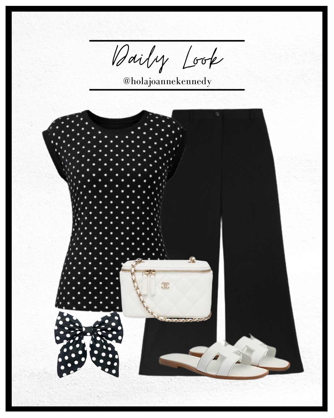 polka dot tee, black polka dot top, contrast tee, tailored black trousers, monochrome outfit, chic everyday style, classy casual outfit, minimalist fashion, parisian style, old money aesthetic, smart casual look, black and white outfit, hair bow outfit, Hermes Oran sandals, capsule wardrobe, effortless style, elegant casualwear, workwear outfit, spring outfit inspiration, neutral fashion

#LTKstyletip #LTKworkwear #LTKuk