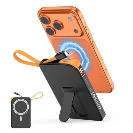 Magnetic Portable Charger for Magsafe, 10000mAh Power Bank, 22.5W Fast Charging Battery Bank, Built-in USB-C Cable with Foldable Stand and LED Display, Wireless Charger for iPhone 17/16, Andriod, etc | Walmart (US)