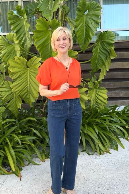 Adding a pop of color to these cute wide leg jeans with this perky orange seersucker top  that is now 25% off @talbotsofficial.

#LTKVideo #LTKsalealert #LTKfindsunder100