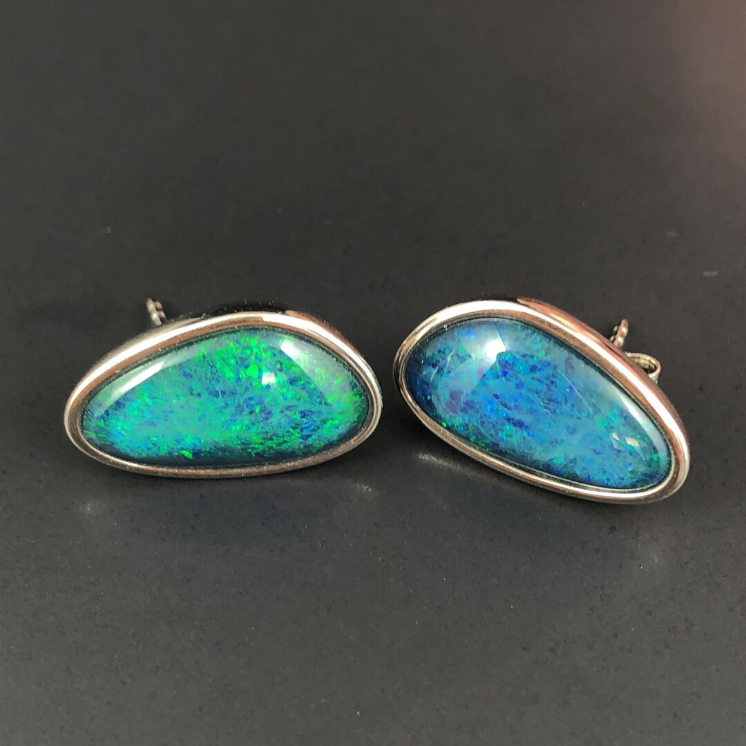 Blue Australian Opal Earrings, October Birthstone, Real Opal Stud Earrings, Genuine Opal Jeweller... | Etsy (US)