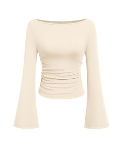 PRETTYGARDEN Womens Long Sleeve Shirts 2026 Spring Crop Going Out Tops Casual Boat Neck Bell Sleeve Ribbed Ruched Y2K Clothes (Beige,XX-Large) | Amazon (US)