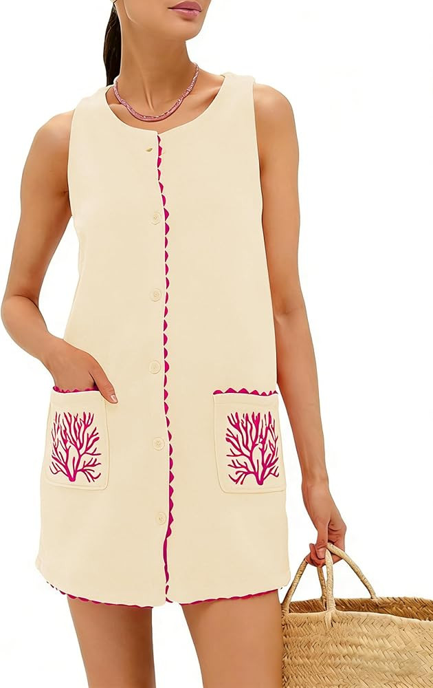 Womens Faux Suede Sleeveless Dress Coral Embroidered Button Down Summer Casual Resort Mini Dress | Amazon (US)