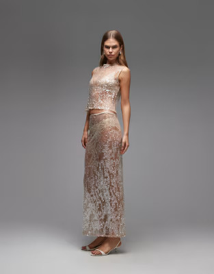ASOS DESIGN sheer sequin mesh maxi skirt in rose gold | ASOS (Global)