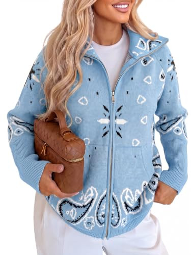 Cicy Bell Women Zip Up Cardigan Sweater Stand Collar Knit Printed Sweater | Amazon (US)