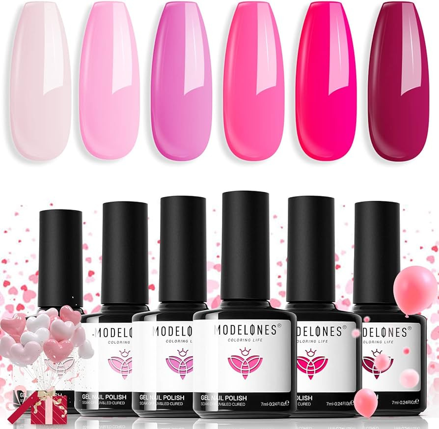 modelones Pink Gel Nail Polish Set 6 Colors, Hot Pink Tones Neon Pink White Shades Magenta Light ... | Amazon (US)