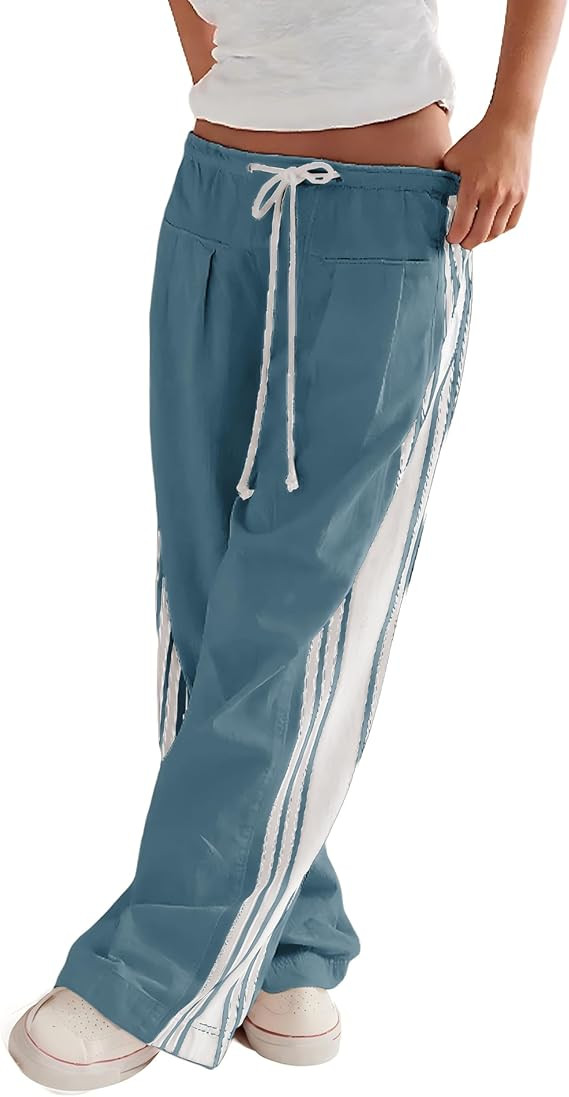 Hongsui Women's Wide Leg Pants Drawstring High Rise Side Striped Slouchy Palazzo Pants with Pocke... | Amazon (US)