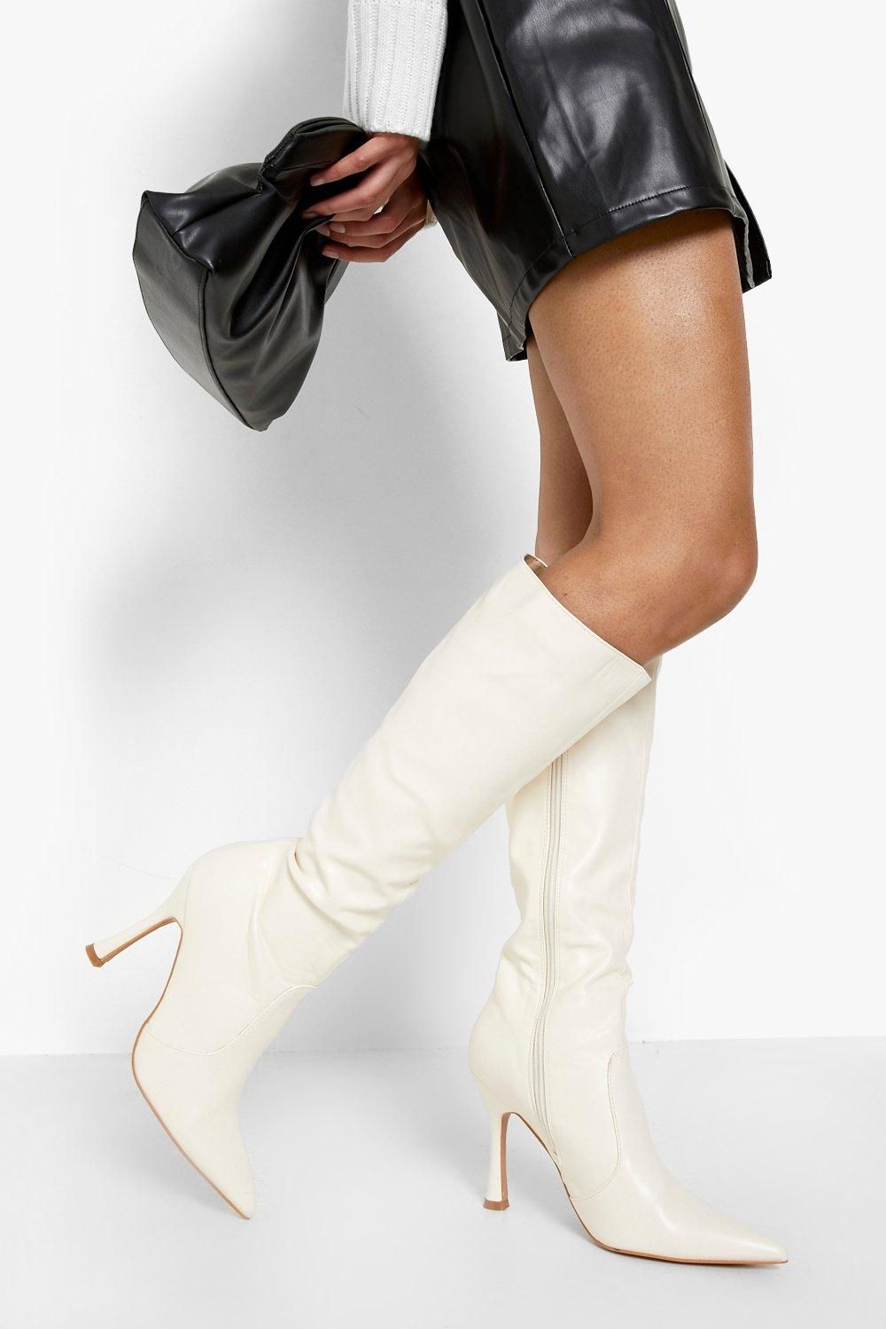 Womens Knee High Heeled Boots - Cream - 9 | Boohoo.com (US & CA)