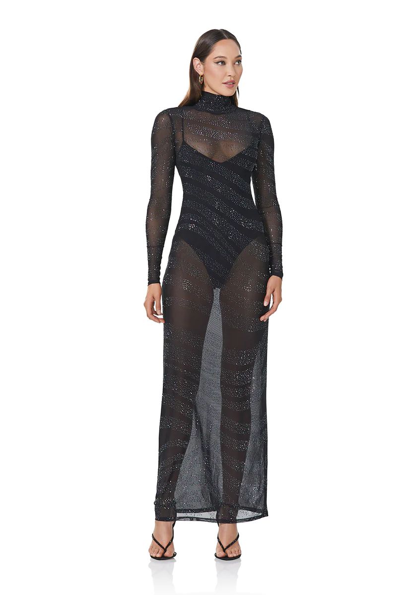 Rowan Striped Rhinestone Dress - Hematite Noir | ShopAFRM