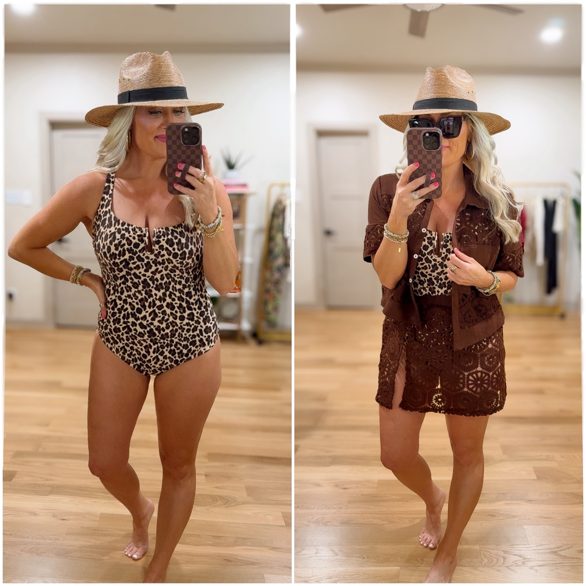 Absolutely love the fit of this leopard one piece swimsuit - size medium 
And the brown crochet set is so good , too size medium , skirt size small 