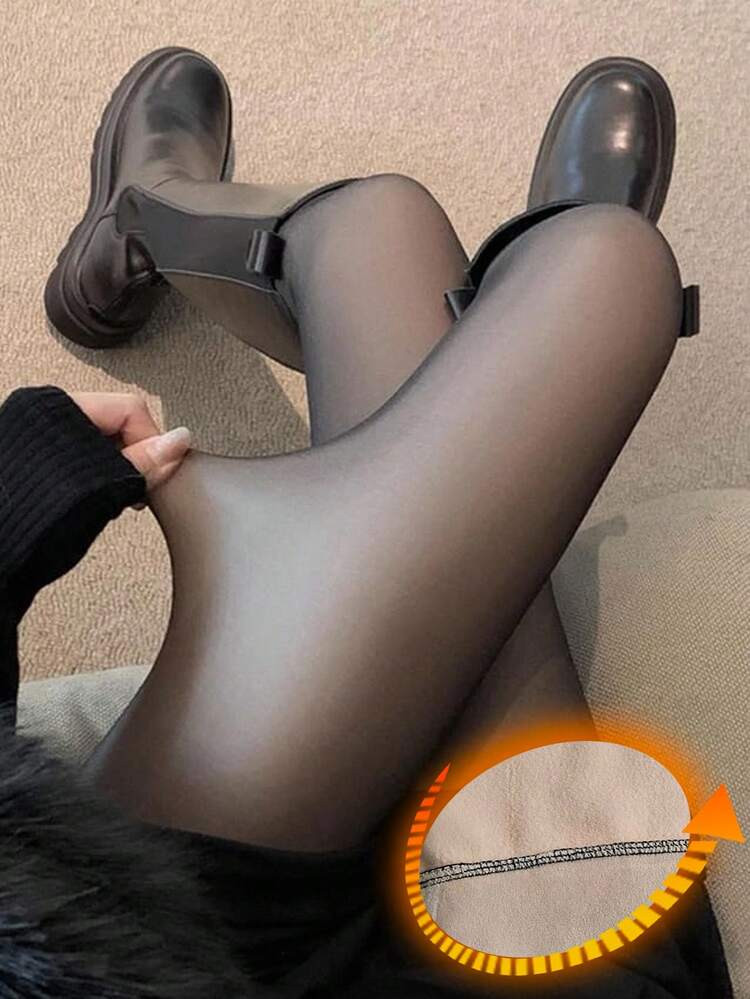 DAZY Sheer Black Tights, Leg Slimming Effect, Thermal Lined, Opaque Look, Thick Footless Tights F... | SHEIN