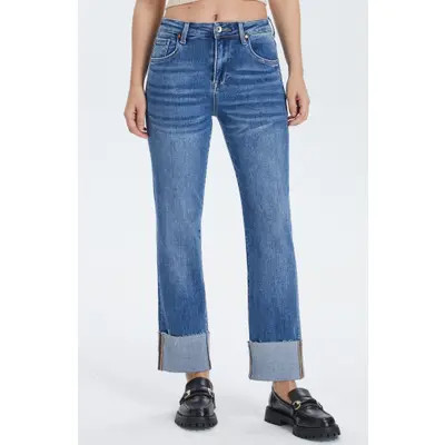 Bayeas High Waist Cuffed Raw Hem Straight Leg Jeans in Surf Blue at Nordstrom, Size 32 | Nordstrom
